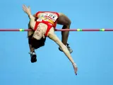 Ruth Beitia en el momento del salto de 1.99 que le proporcionó la medalla de plata en los europeos de atletismo celebrados en Madrid este fin de semana.