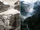 Otra evidencia del deshielo en el glaciar suizo de Trift: A la izquierda, una imagen de 1948; a la derecha, una de 2003. Más imágenes en esta página sobre el glaciar.