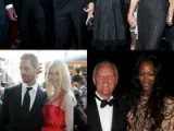 Donatella Versace y su familia (arriba). Claudia Schiffer y Rupert Everett, y Santo Versace con Naomi Campbell. (EFE/EPA).