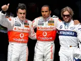De izq. a dch., Fernando Alonso, Lewis Hamilton y Nick Heidfeld.