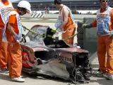Así quedó el McLaren de Heikki Kovalainen tras el brutal impacto que sufrió en el GP de España.
