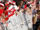Frank Schleck entra en la meta de la quinta etapa de la Vuelta a Suiza 2008 (EFE).