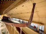 Varios turistas observan la primera barca solar de Keops en el Museo de la Barca Solar en la explanada de las pirámides en Giza (Egipto) (EFE>