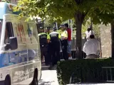 Agentes de la Policía en la puerta del parque Juan de Austria tras conocerse el fallecimiento de un niño.