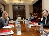 La ministra de Igualdad, Bibiana Aído (izda), reunida con representantes de la Asociación de Clínicas Acreditadas para la Interrupción del Embarazo (ACAI).