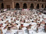 Manifestación antitaurina delante dela plaza de toros de Las Ventas, en Madrid.