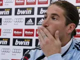 El jugador del Real Madrid Sergio Ramos, durante la rueda de prensa de este lunes.
