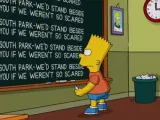 Bart Simpson escribe en una pizarra: "South Park, os apoyaríamos si no estuviéramos tan asustados".