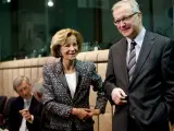 Elena Salgado habla con el comisario europeo de Asuntos económicos y monetarios, Olli Rehn.