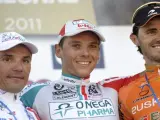 El español Joaquí Rodríguez "Purito", (segundo), el ciclista belga Philippe Gilbert (primero) y el también españolo Samuel Sánchez (tercero).