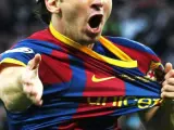 Leo Messi celebra su gol ante el United.