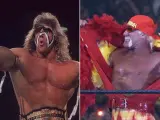 James Brian Hellwig (iz) caracterizado como 'El último guerrero' y Terry Bollea como 'Hulk Hogan'.