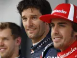 Mark Webber, Fernando Alonso y Sebastian Vettel, las tres primeras posiciones en la parrilla del Gran Premio de Gran Bretaña.