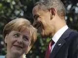 Obama y Merkel, tras una reuni&oacute;n en Washington.