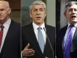 De izquierda a derecha, Yorgos Papandreu, José Sócrates y Gordon Brown, políticos caídos por su gestión de la crisis.