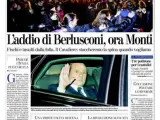 El diario turinés 'La Stampa' reitera "El adiós de Berlusconi, ahora Monti" y recoge una foto de un "trenecito" que algunas personas improvisaron durante la celebración de la dimisión de Berlusconi, que comparte espacio con otra instantánea del mandatario a su salida del Quirinal tras su renuncia.
