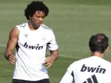 El defensa Marcelo Vieira durante un entrenamiento del Real Madrid.
