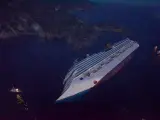 Imagen aérea de cómo ha quedado el crucero Costa Concordia tras encallar frente a las costas de la isla de Giglio, en Italia.