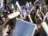 Manifestantes elevan libros al aire en señal de protesta este martes en Valencia. "Estás son nuestras armas", clamaban.