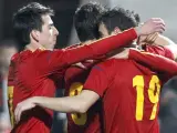 Los jugadores de la selección española olímpica de fútbol celebran el gol del empate ante Egipto.