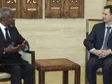 Imagen correspondiente a la reunión del pasado 10 de marzo entre el presidente sirio, Bachar Al Asad, y el enviado de la Liga Árabe y la ONU al país árabe, Kofi Annan.