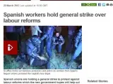 Pantallazo de la noticia de la huelga general en España que lleva este jueves la web de BBC News, en su sección europea.