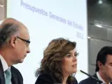 Montor, Sáenz de Santamaría y Soria, en un momento de la rueda de prensa posterior al Consejo de Ministros de este viernes.