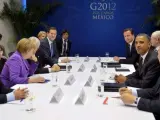 Mariano Rajoy (4i), durante la reunión de la Eurozona y Estados Unidos en la Cumbre del G20.