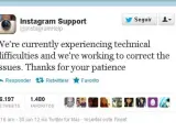 Mensaje de Instagram en Twitter donde informa de problemas técnicos en el servicio.