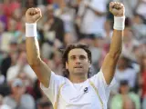 El tenista español David Ferrer celebra la victoria ante Roddick en Wimbledon.