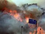 El fuego, tocando la autopista este domingo, en la Jonquera.