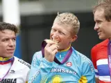 El ciclista kazajo Vinokourov celebra su triunfo en los Juegos Olímpicos de Londres 2012.