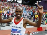El atleta británico, Mo Farah, celebra el oro en el 5.000 m de Londres 2012.