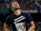 El delantero del F. C. Barcelona, David Villa, tras conseguir el quinto gol del equipo blaugrana.