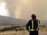Un bombero observa desde el mirador de la Olla, en el municipio de Valdemaqueda (Madrid), la columna de humo del incendio forestal que se ha declarado entre esta localidad y Robledo de Chavela.