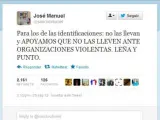Imagen de la cuenta de Twitter de José Manuel Sánchez Fornet, criticado por su defensa de que los policías no lleven identificación en las manifestaciones, defendiendo que se actúe con "leña y punto".