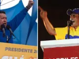 El presidente de Venezuela, Hugo Chávez (izq.) y el candidato de la oposición venezolana Henrique Capriles Radonsky (dcha.) en dos actos de campaña electoral.