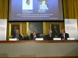 Per Krusell, Staffan Normark, Peter Gardenfors y Tore Ellingsen (i-d), miembros de la Real Academia de las Ciencias de Suecia, anuncian a los galardonados con el Premio Nobel de Economía de 2012.