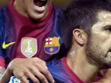 Tello y Villa celebran un gol del Barça ante el Sevilla.