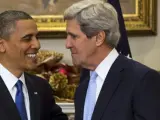 El presidente estadounidense, Barack Obama (i), designa al senador demócrata y excandidato presidencial John Kerry (d) como su nuevo secretario de Estado, en la Casa Blanca.