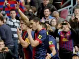 El delantero asturiano del Barça, David Villa, durante la celebración de un gol.