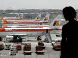 Un pasajero observa desde el interior de la terminal varios aviones de Iberia.