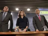 La vicepresidenta del Gobierno, Soraya Sáenz de Santamaría, y los ministros de Hacienda y Administraciones Públicas, Cristóbal Montoro (dcha), y Economía, Luis de Guindos.