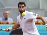 El tenista conquense Pablo Andújar, en su partido de cuartos de final del Open Mutua Madrid ante Nishikori.