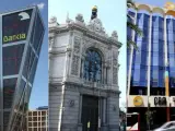 Bankia (izquierda), la sede central del Banco de España (centro) y la Caja de Ahorros del Mediterráneo (CAM).