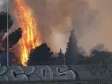 Imagen de las llamas, capturada desde la carretera de A Coruña, del espectacular incendio forestal declarado en un pinar situado en el municipio madrileño de Las Rozas.