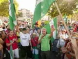 El secretario general del SAT, Diego Cañamero, habla durante la marcha de tres días del sindicato