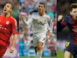De izquierda a derecha. Franck Ribéry, Cristiano Ronaldo, Leo Messi.