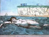 Grabado de Thomas Rowlandson (1756-1827) que representa a Venus nadando en el mar mientras un grupo de personas la contemplan desde los acantilados