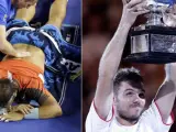 Combo de fotos con Rafa Nadal siendo atendido por su lesión de espalda y Stan Wawrinka, con la Copa de campeón de Australia.